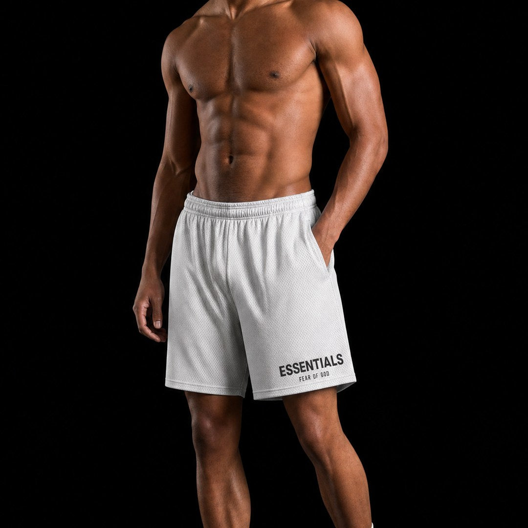 GRAY LETTERED BASIC MESH SHORTS